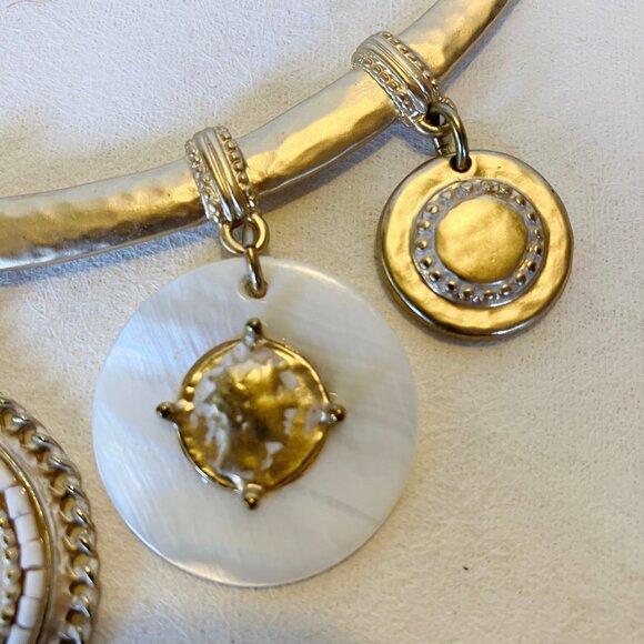 Chico's Set Necklace Bracelet Coin Pendant Gold Tone Metal Mother Of Pearl Stone - Picture 7 of 15